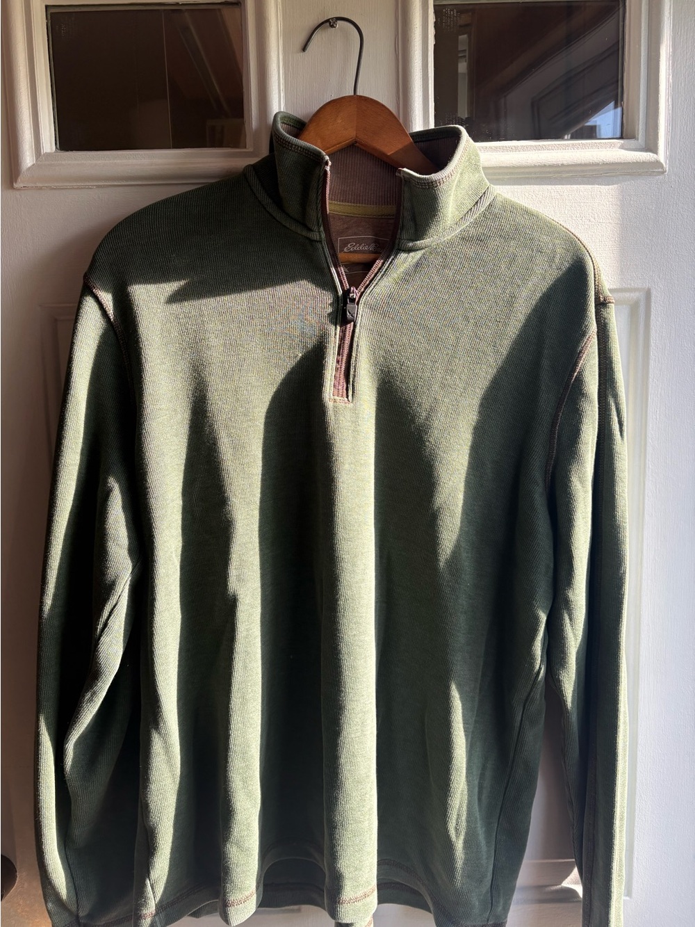 Eddie Bauer Men's Olive Green Cotton Blend Quarter-Zip Pullover Sweater